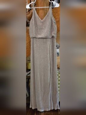 R & M Richards,Sleeveless Shimmer Maxi Dress in Light Taupe